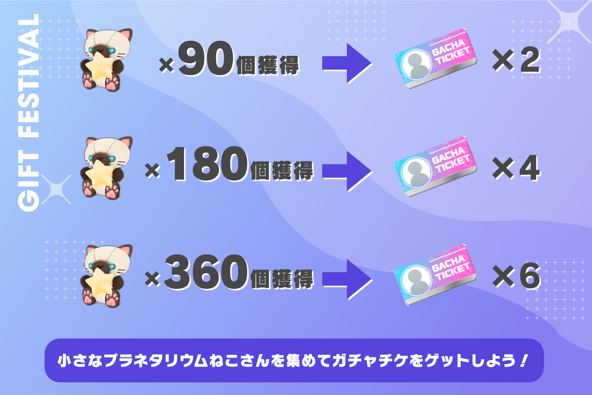 小さなプラネタリウムねこさんを集めて、ガチャチケをゲットしよう！